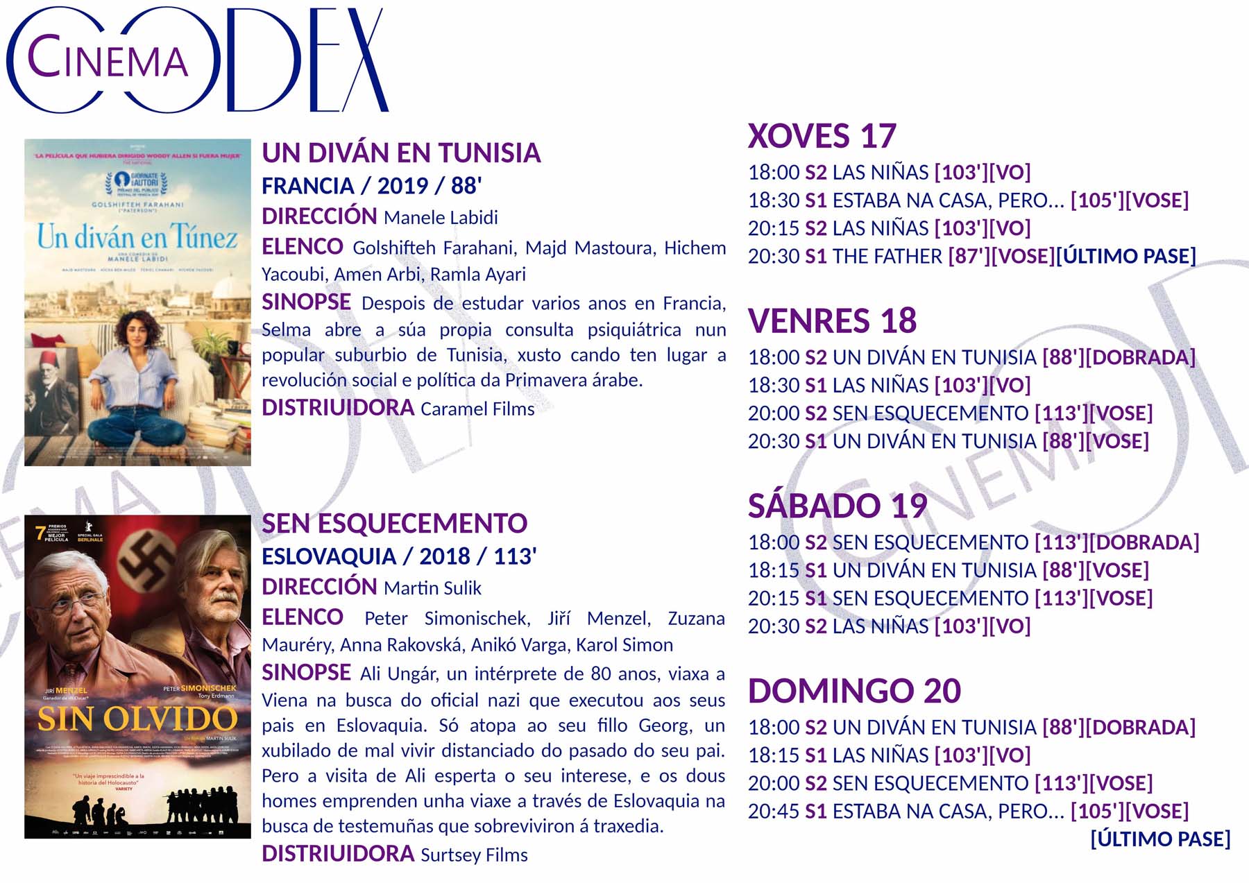 Grella dos Codex Cinema xoves 17/09 en adiante