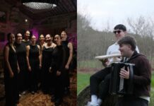 As pandereteiras Lina e Lola e o dúo Unto Vello en concerto en Lugo